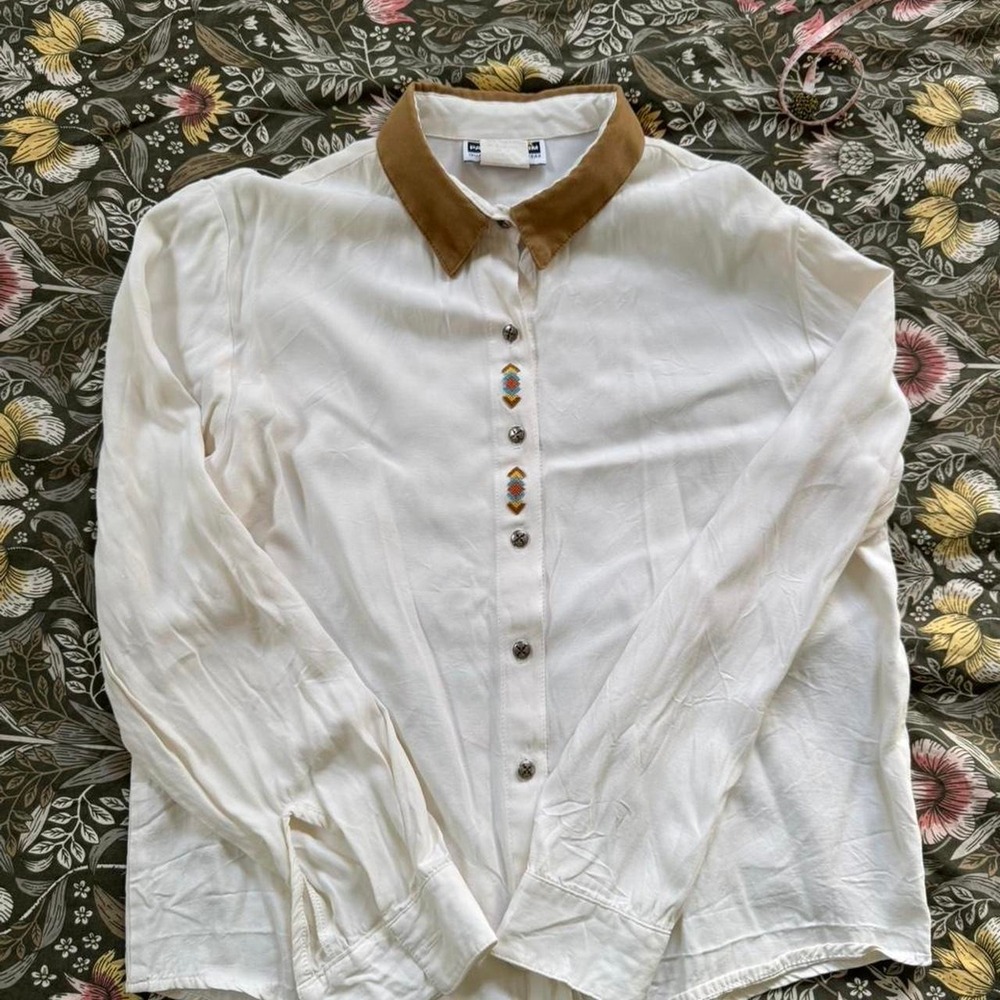 Vintage Panhandle Slim Western Shirt Women's Medium White Embroidered Snap - Picture 5 of 8